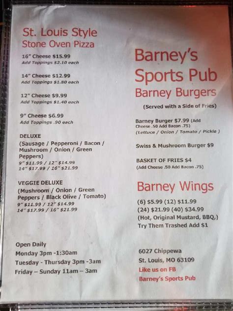 Barney's Sports Pub Menu .